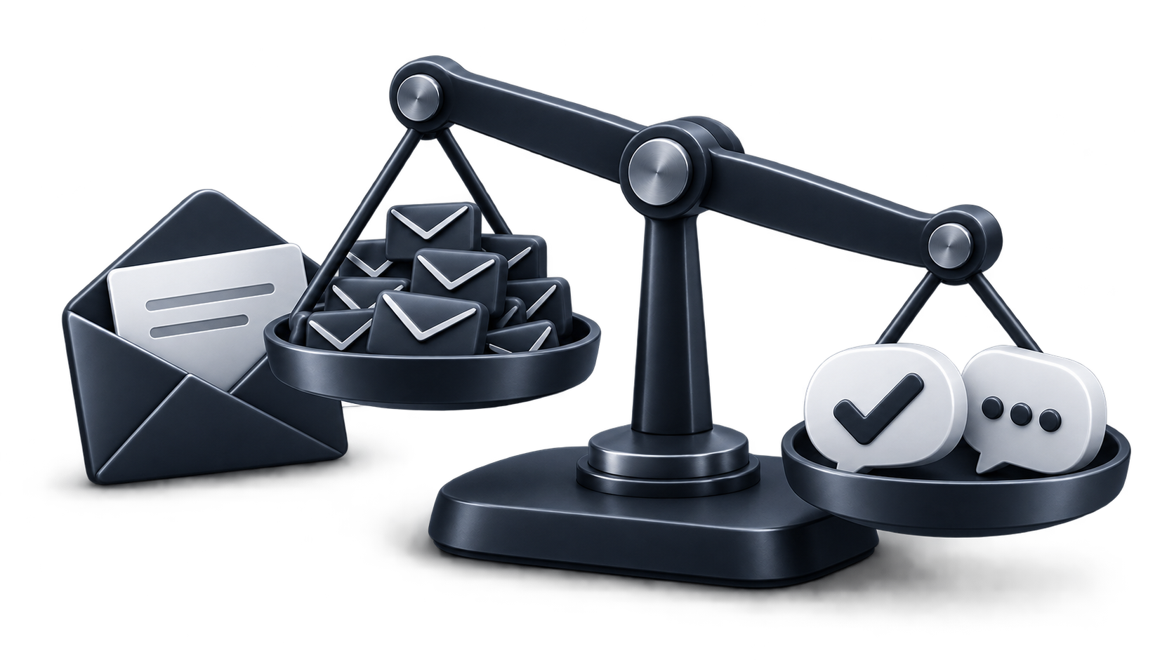 Graphite balance scales show a few meaningful conversations outweighing a large pile of email replies.