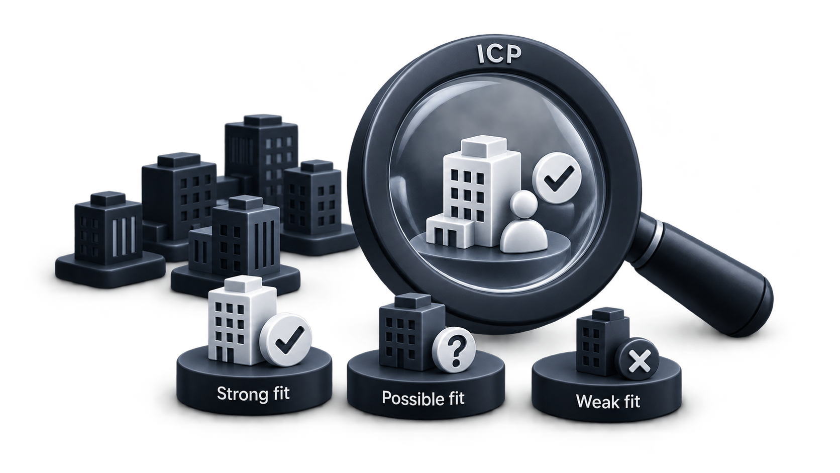 An ICP magnifying glass highlights a suitable company and decision-maker, with strong, possible and weak customer-fit groups.