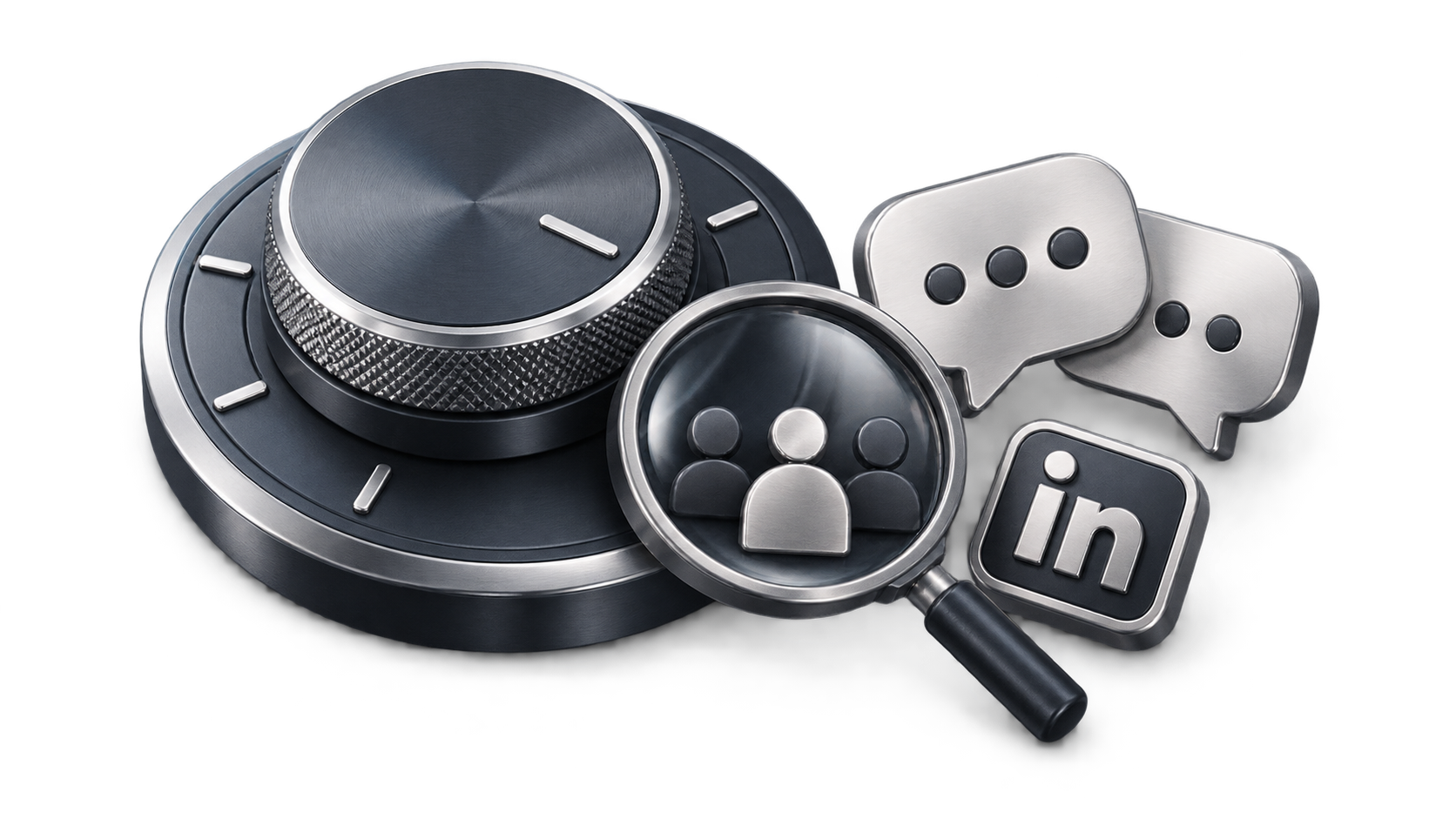 A graphite outreach control dial with a magnifying lens selecting a prospect, silver conversation bubbles and a LinkedIn badge.